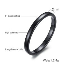 2 mm zwarte wolfraam trouwring voor heren en dames, hoogglans, dunne ring, maat 6-11
