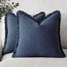 Confezione da 2 federe per cuscini in lino con frange, 45x45 cm, blu navy, stile boho-farmhouse con nappe – Compatibili con imbottiture standard