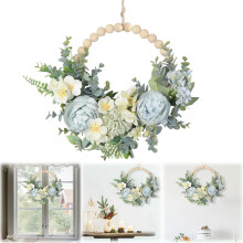 Offerta imperdibile! Ghirlanda primaverile blu realistica 35x23 cm con perline di legno e foglie verdi – Decorazione per porta d'ingresso, parete e