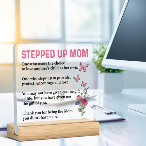 Δώρο Stepped Up Mom – Ακρυλική Πινακίδα Αναμνηστικού (4x4"), Δώρο Ευχαριστίας για Μαμά & 1