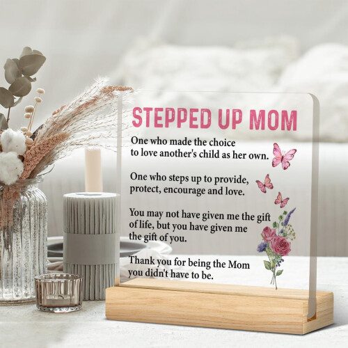 Δώρο Stepped Up Mom – Ακρυλική Πινακίδα Αναμνηστικού (4x4"), Δώρο Ευχαριστίας για Μαμά & 2