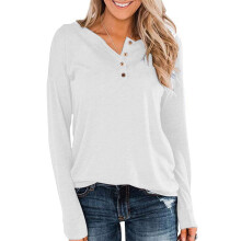Damen-Langarmtop mit V-Ausschnitt, lässiges Sommer-T-Shirt, locker geschnitten, Knopfleiste, Tunikabluse
