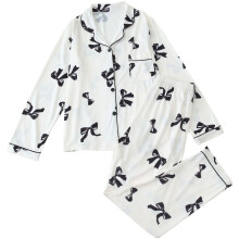 Conjunto de pijama aconchegante para o Dia dos Namorados para mulheres – Estampa de laço, blusa de manga comprida e calça, roupa de dormir com