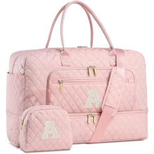 Pink personlig weekendtaske til kvinder med skorum, vådlomme og toilettaske – Monogram julegave (bogstavet A)
