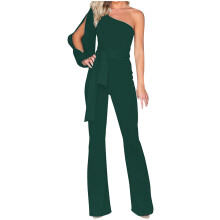 Lulshou Damen-Sommer-Jumpsuit, grün, Größe XXL, langärmelig, One-Shoulder-Bandagen-Overall, geeignet für Freizeitkleidung