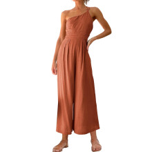 Macacão feminino vermelho de um ombro só, pernas largas, cintura alta, manga curta e bolsos – Macacão casual para o fim de semana.