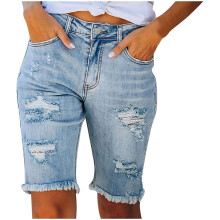 Arbejdsbukser, Dame Elastiske Leggings med Destroyed Hole Korte Bukser Denim Højtaljede Ripped Jeans