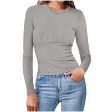 Blusas básicas femininas de manga comprida com gola redonda e modelagem slim fit para o outono - Tamanhos grandes disponíveis em cores sólidas e
