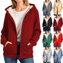 Dam Fleecejacka Vinter Varm Casual Långärmad Huva Enfärgad Tröja Plus Size Vinterkofta Fickor Plysch Huvjacka