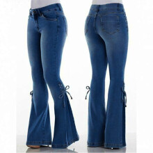 Jeans da donna a zampa, elasticizzati, vestibilità ampia, in denim con fiocco, modello casual a gamba dritta.