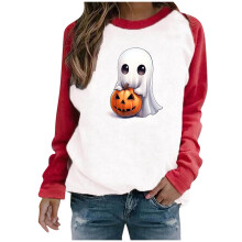 Dam Halloween-tröja med rund hals - Plusstorlek långärmad, läskigt tryck, höstens essentials, casual, hem/utomhus, S-3XL