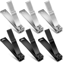 Cortaúñas de acero inoxidable plateado y negro (6 unidades) con borde recto, mango antideslizante y compatible con cuchillas afiladas.