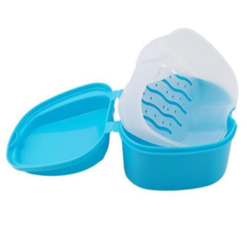 Light Blue Denture Cleaning Box with Quick Drain Basket and Polypropylene Denture Bath Case Set