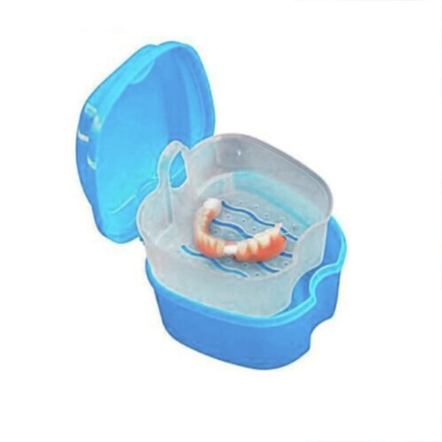 Light Blue Denture Cleaning Box with Quick Drain Basket and Polypropylene Denture Bath Case Set 1