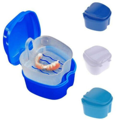 Light Blue Denture Cleaning Box with Quick Drain Basket and Polypropylene Denture Bath Case Set 2