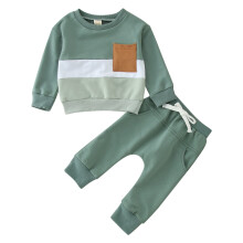 Bjutir Kleinkinder-Jungen 2-teiliges Set: Langarm-Patchwork-Oberteil + Hose, Grün, Größe 2-3 Jahre, Freizeit-Sport-Outfit für Herbst/Winter