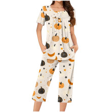 Halloween-pyjamas med græskarprint og terror, behagelige korte ærmer, bukser med lommer, nattøj, hjemmetøj, S-3XL