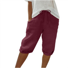 Sommer-Schnäppchen! Damen-Shorts, lässig, einfarbig, Capri-Shorts, weinrot, Größe XL