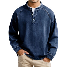 Herren T-Shirt Langarm Einfarbig Denim Abnäher Waschung Rundhalsausschnitt Pullover Jeans T-Shirts für Herren
