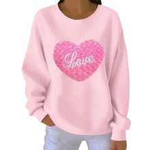 Damen-Sweatshirt mit Herzmotiv zum Valentinstag, gerippt, Rundhalsausschnitt, lang