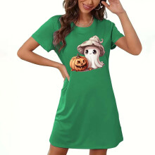 Női Halloween kerek nyakú, rövid ujjú pizsama ruha, plus size hálóruha, puha poliészter-spandex, rajzfilmmintás hálóing, S-2XL