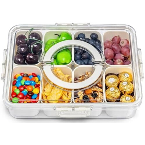 Contenitore per snack a 8 scomparti con coperchio trasparente e maniglia pieghevole.
