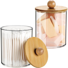 Pot distributeur de cotons-tiges avec couvercle en bambou – Organisateur de toilette en plastique transparent de 350 ml pour cotons-tiges, boules,