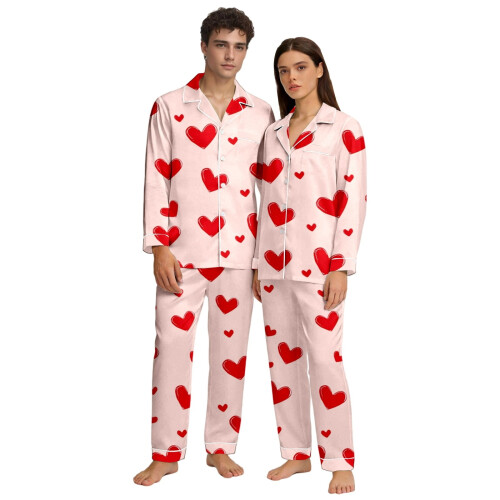 Női Valentin-napi pizsama szett virágmintával, szívmintával, hosszú