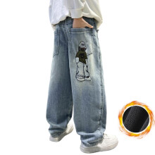 Stretchy Winter Thermal Boys' Jeans – Thickened Lined, Loose Wide Leg, Soft Washed Denim Pants, Dark Blue, Size 11-12