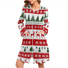 Damnattlinne med renmönster, jultema, mysig pyjamasklänning i borstad fleece, långärmad, dragkedja och fickor (S-2XL)