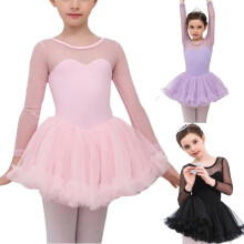 Vestido de balé infantil feminino com mangas compridas em renda, ideal para prática de dança latina, tamanhos 4 a 14 anos.