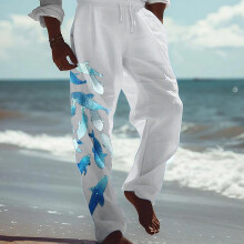 Herren-Leinenhose mit weitem Bein, 3D-Print, Seitentaschen, elastischem Kordelzug, geradem Bein, ideal für Outdoor und Urlaub, Weiß