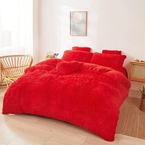 Christmas Comforter Cover Queen Red Plush 3-Piece Set 1
