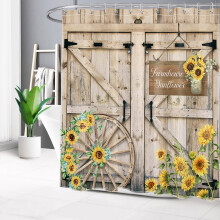 Duschvorhang mit Sonnenblumenmuster, 183 x 198 cm, rustikaler Landhausstil, gelber Polyester-Duschvorhang mit Blumenmuster, inklusive Haken,