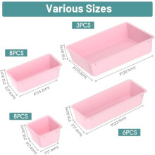 Ensemble de 25 organisateurs de tiroir en plastique (4 tailles) pour maquillage, bijoux, gadgets — Rose, compatible avec les tiroirs standard