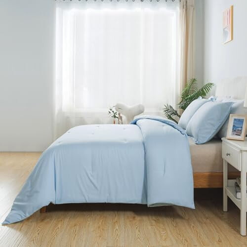 Set copripiumino matrimoniale azzurro, 3 pezzi in microfibra 2