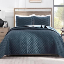 Conjunto de cama de solteiro reversível com fronha, colcha leve e macia para todas as estações – Azul Marinho (173 cm x 224 cm)