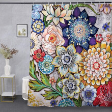 Boho květinový sprchový závěs 72x72", paisley medailon mandala design, barevná retro hippie dekorace do koupelny