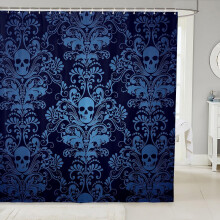Türkisfarbener Damast-Badevorhang 183 x 213 cm, Vintage-Stil, viktorianisch-barockes Blumenmuster, gotisches Totenkopf- und Skelettmotiv,