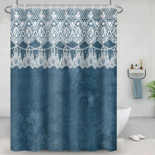 72x72" Boho-Duschvorhang aus Damast – Weiße Spitze & Blaues, verschwommenes Blumenmuster, Polyester, modernes Design, inklusive Haken