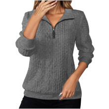 Grijze dames sweater met ronde hals, effen kleur, halve ritssluiting, lange mouwen, geschikt voor casual gebruik – herfst/winter, verkrijgbaar in