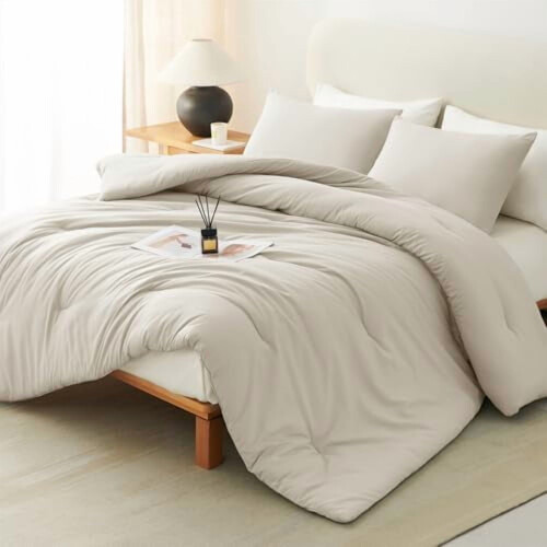 Beige Queen Comforter Set, 3-Pc Boho Solid Quilted Bedding, Down Alternative Comforter + 2 Pillowcases, All-Season
