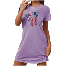 Plus Size Patriotic4th of July Pizsama Ruha – Rövid Ujjú, Kerek Nyakkivágású, Csillagok & Csíkos Minta, Puha Poliészter Spandex, S-2XL,
