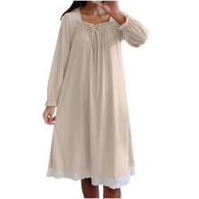 Ribbad nattlinne i mjölksiden för kvinnor, fyrkantig halsringning, spetskant, långärmad, mjuka och stretchiga loungewear – M-2XL, flera färger