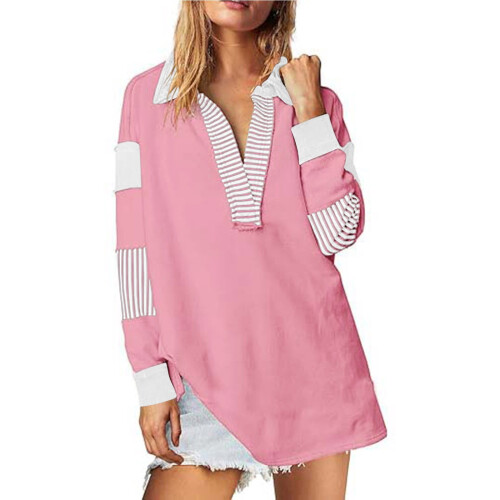 Γυναικείο ριγέ oversized φούτερ lulshou με χρωματικό μπλοκ V λαιμόκοψη, μακρυμάνικο, casual, 1