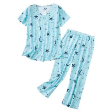 Leuke damespyjama voor de herfst, comfortabele zomerkleding voor dames, vrijetijdskleding voor thuis, ronde hals, korte mouwen, cropped broek,