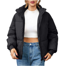 Doudoune courte et parka pour femme – Manteau court chaud et rembourré pour adolescentes, col à revers et fermeture éclair, coloris unis,