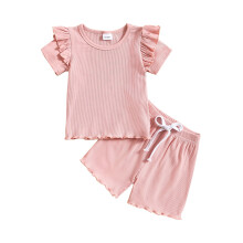 Sommerantrekk for småbarnsbabyjenter, korte ermer, ensfargede topper og shorts, 2 stk. antrekk, barneklær for 3-4 år