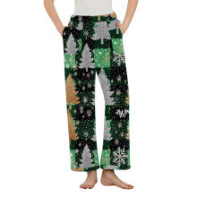 Damefleeceforede flannel-natbukser, julesnefnug-ternede termiske pyjamasbukser, plus size varme loungebukser – kompatibel med ferie