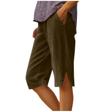 Shorts casuais de linho para o verão feminino da Kukoosong com bolsos e fenda lateral – Shorts esportivos folgados na altura do joelho.